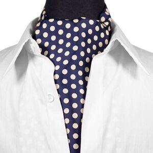 Mens 100% Silk Ascot Cravat Navy Polka Dot Cream Formal Wedding Necktie Scarf